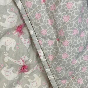 Handmade quilt 40x40” elephants & giraffes Pom poms small throw pastel cottage